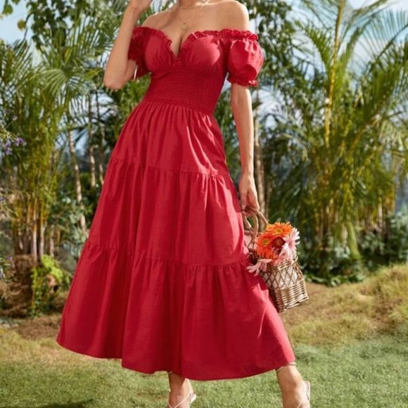 undefined Dresses & Skirts - Red Boho Off Shoulder Flounce Sleeve shabby chic Shirred cottagecore Maxi Dress